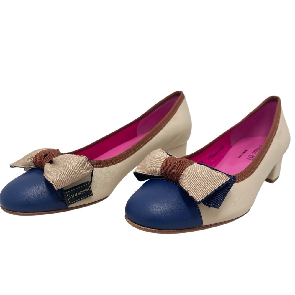 Ferca 81 Bow Two Toned Cream Blue Kitten Heel Shoe Size 39 - Picture 3 of 11